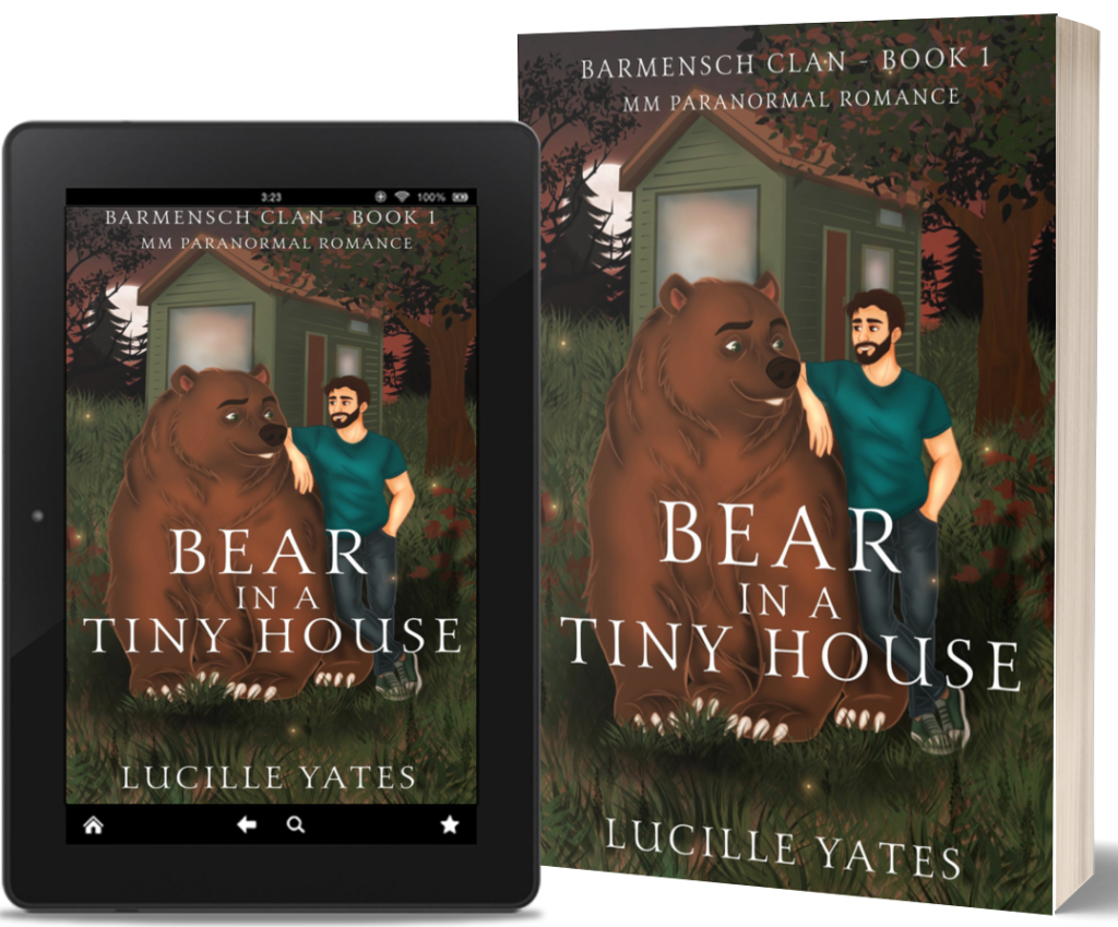Bear in a Tiny House cover as seen on a paperback and digital device. Large brown bear sits with a bearded man leaning against him in front of a tiny home