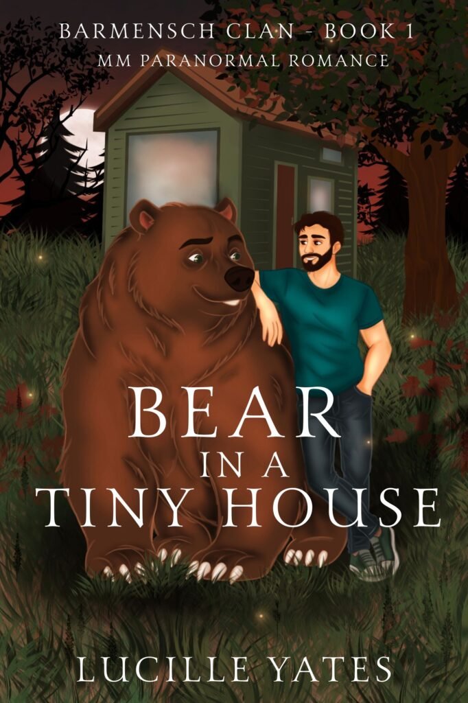 Bear in a Tiny House cover. Large brown bear sits with a bearded man leaning against him in front of a tiny home