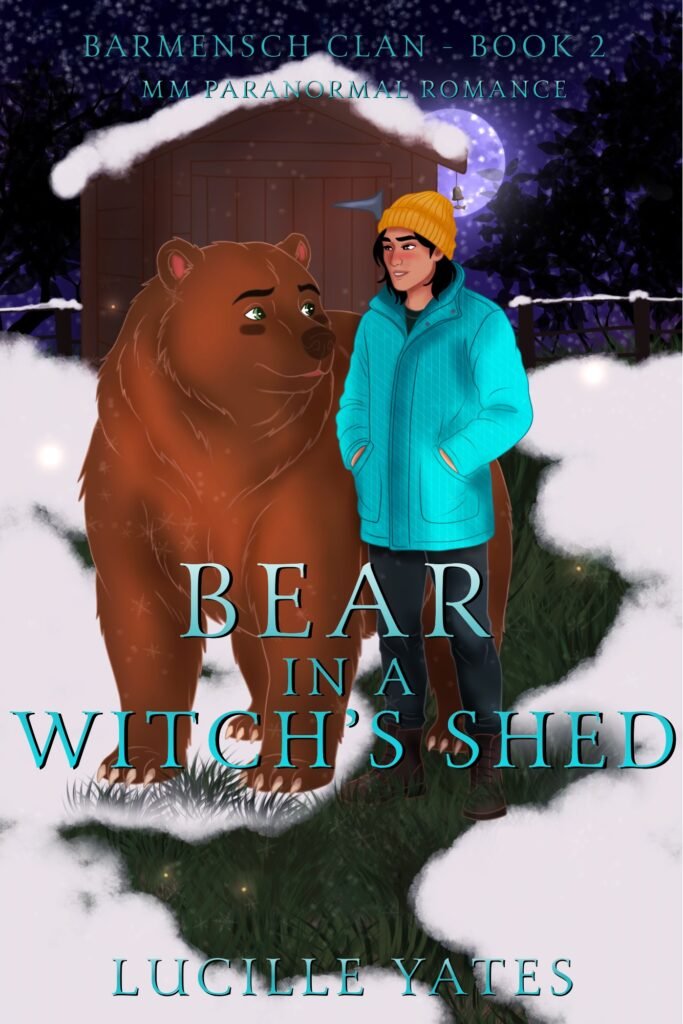 Cover for Bear in a Witch's Shed. Man in a blue coat and yellow beanie stand next to a large brown bear in a snowy backyard.